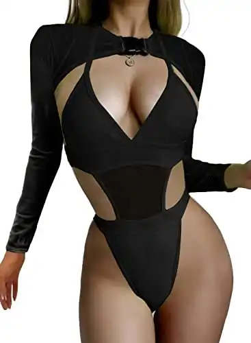 Black Festival Cut Out Thong Bodysuit with High Cut