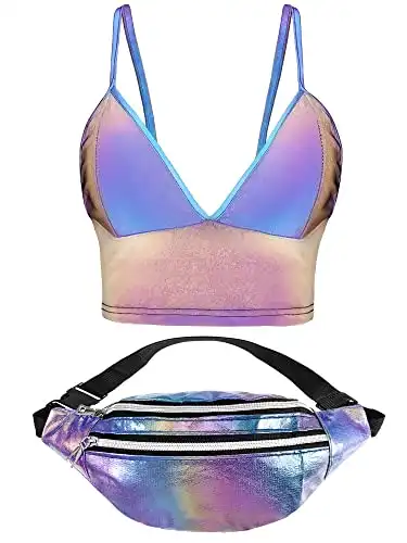 Women 2pcs Rave Outfit Holographic Hologram Metallic Bandage Crop Top Booty  Shorts Set Party Clubwear