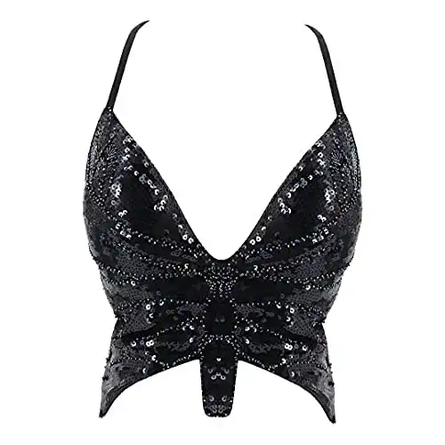 Sequin Butterfly Crop Top Belly Dance Festival Rave Club Sexy Halter Bra  Tops US