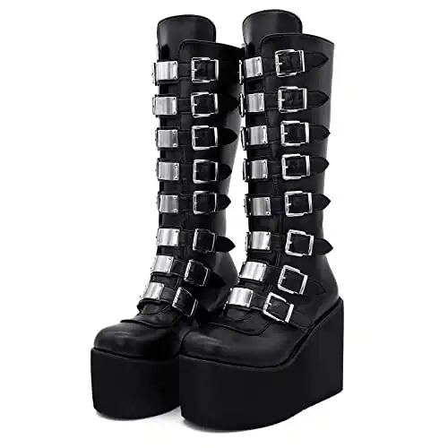  YIYA Women's Black Goth Platform Ankle Boots with Bat Wing  Buckles Chunky Block Heels Round Toe Zipper Punk Motorcycle Combat Boots  Comfy