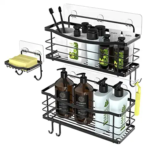 Orimade Adhesive Shower Caddy Basket Shelf with 5 Hooks Organizer Storage Rack Rustproof Wall Mounted Stainless Steel No Drilling for Bathroom Toilet