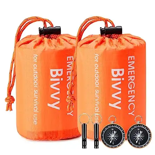 Emergency Sleeping Bag, 2 Packs Ultra Waterproof Lightweight Thermal Bivy Sack, Esky Survival Shelter Blanket Bags with Compass and Loud Survival Whistle, Portable Sack for Camping, Hiking, Outdoor