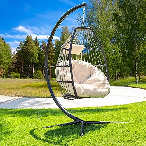 Barton Premium Egg Chair Egg Style Hanging Chair Cream w/Deep Cushion Soft Relaxing Luxury Outdoor Indoor Patio Bedroom Hanging Swinging